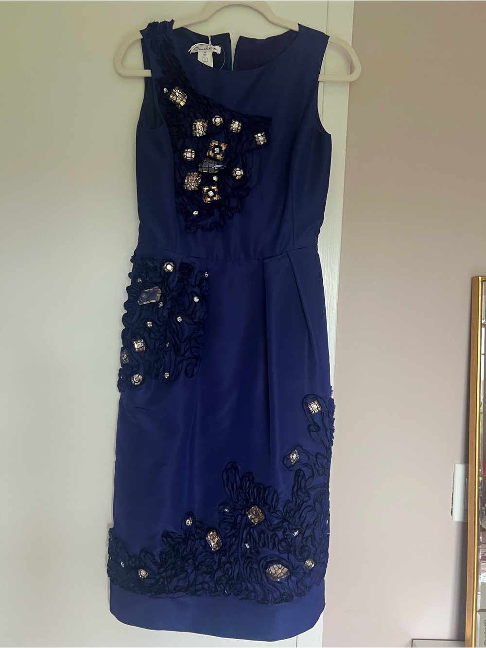 Oscar de la Renta Blue Embellished Crystal Applique Cocktail Dress Sz 2 / US XS